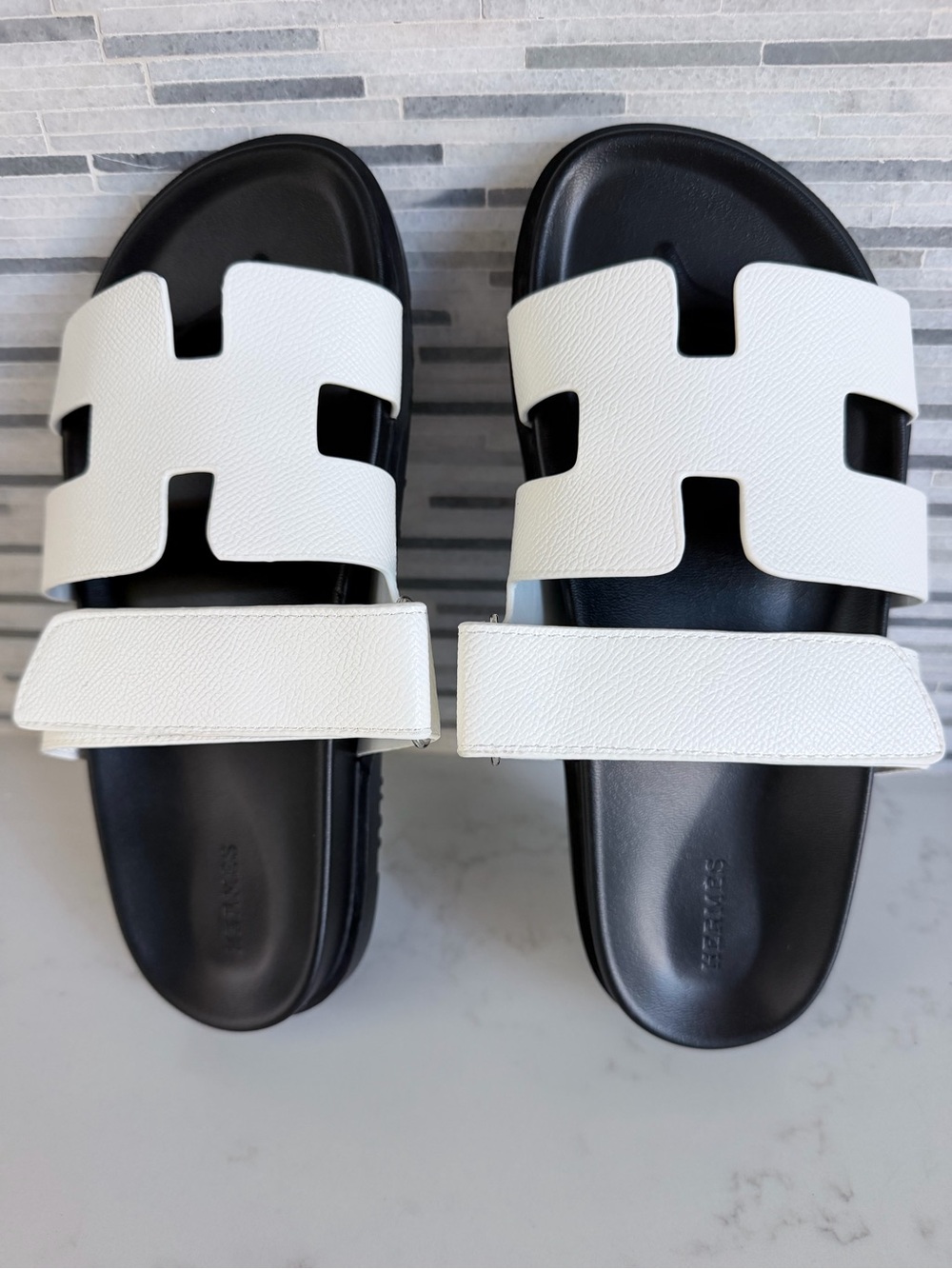 Hermes white Cutout Strap Slide Sandals - Black Footbed size 6 - Picture 7 of 12